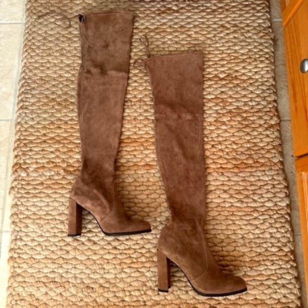 Stuart Weitzman Hiline Nutmeg Stretch Suede OTK Heeled Boots - size 8